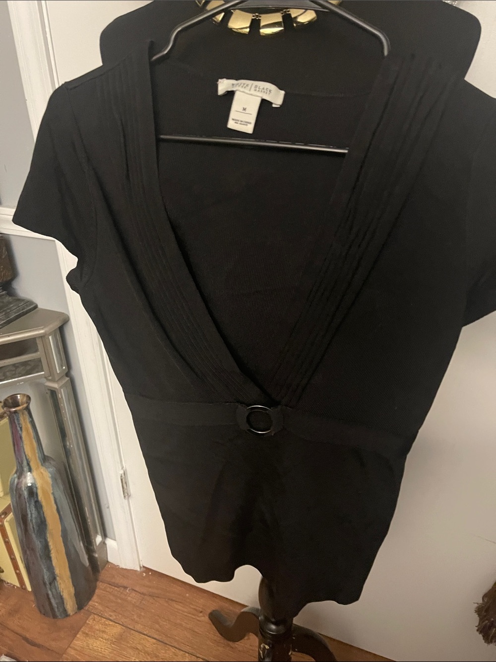White House Black Market Black V-Neck Short Sleeve Top with Belt Detail